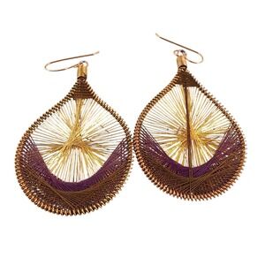 Boho Gold Purple Ombre Thread Teardrop Dangle Earrings Artisan Woven Gold Tone